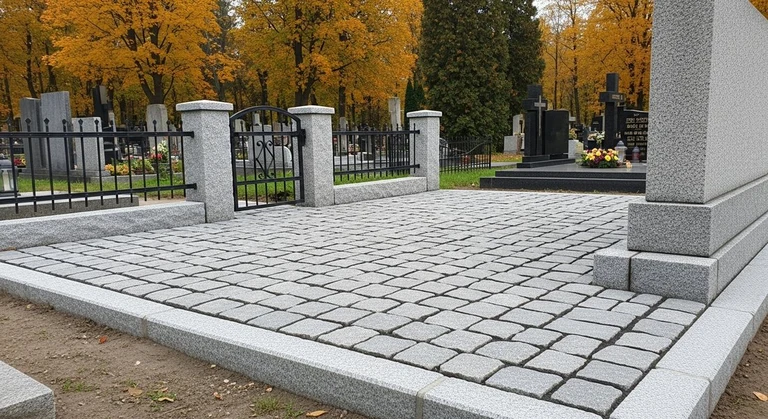Благоустройство захоронений в Тольятти — мощение гранитной плиткой, цоколь и ограда на ухоженном участке