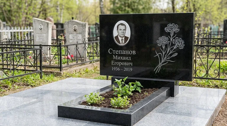 Памятник с гравировкой гвоздик — выполненная работа «Степанов» в Тольятти