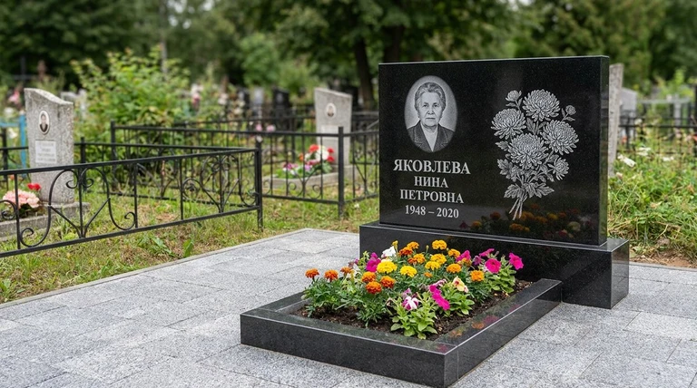 Гравировка хризантем на памятник в Тольятти — пример работы на граните