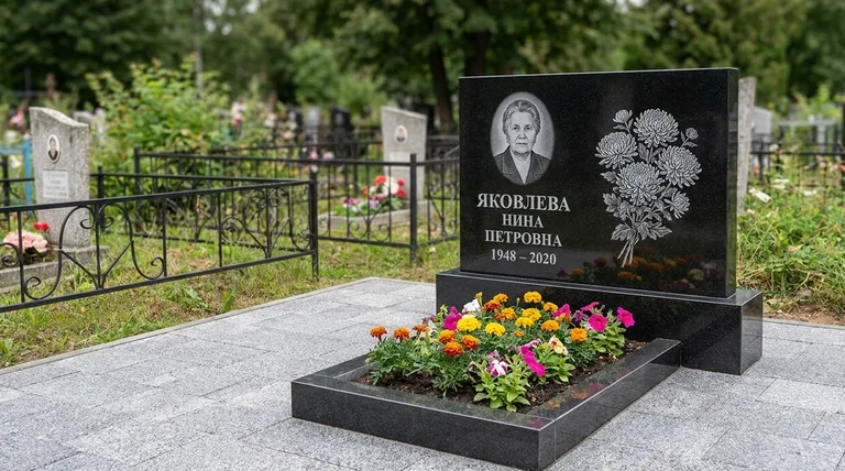 Памятник с гравировкой хризантем — выполненная работа «Соколов» в Тольятти