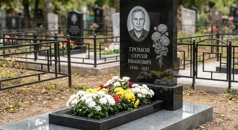 Памятник с гравировкой хризантем — выполненная работа «Громов» в Тольятти