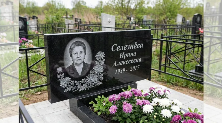 Памятник с гравировкой хризантем — выполненная работа «Селезнёва» в Тольятти