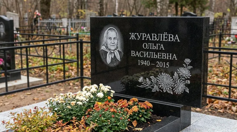 Памятник с гравировкой хризантем — выполненная работа «Журавлёва» в Тольятти