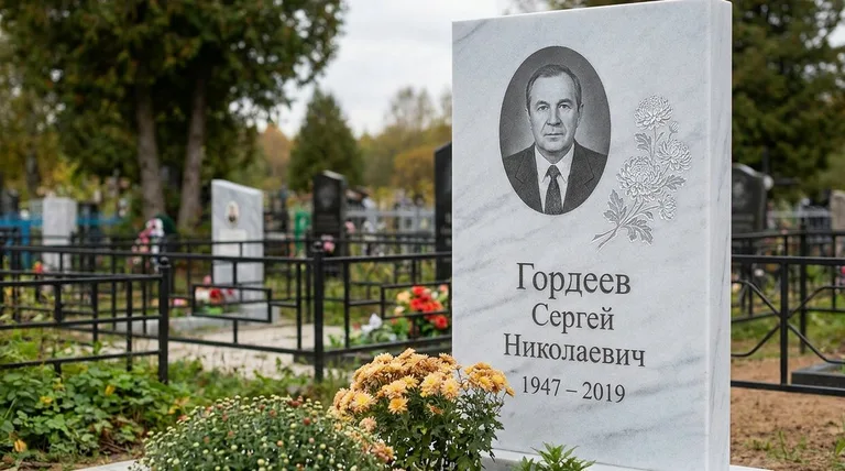 Памятник с гравировкой хризантем — выполненная работа «Гордеев» в Тольятти