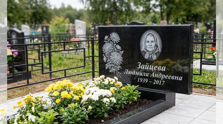 Памятник с гравировкой хризантем — выполненная работа «Зайцева» в Тольятти