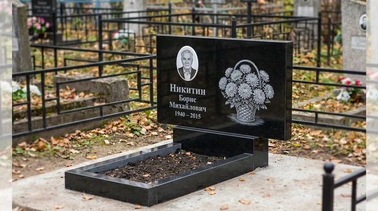 Памятник с гравировкой хризантем — выполненная работа «Никитин» в Тольятти
