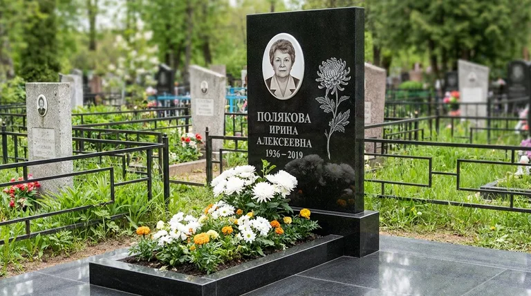 Памятник с гравировкой хризантем — выполненная работа «Полякова» в Тольятти