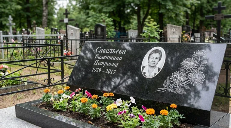 Памятник с гравировкой хризантем — выполненная работа «Савельева» в Тольятти