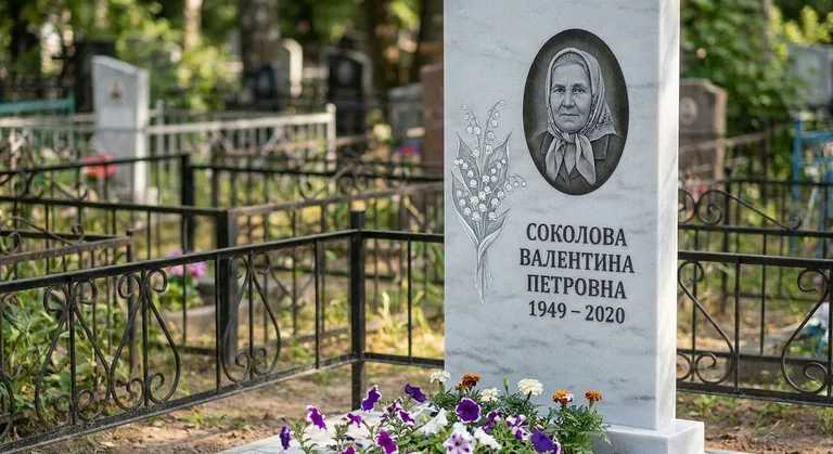 Памятник с гравировкой ландышей — выполненная работа «Соколова» в Тольятти