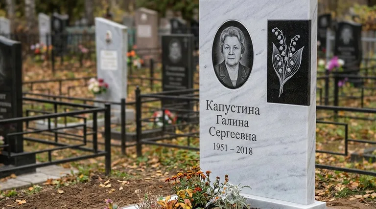 Памятник с гравировкой ландышей — выполненная работа «Капустина» в Тольятти