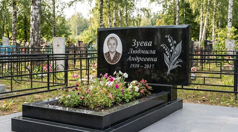 Памятник с гравировкой ландышей — выполненная работа «Зуева» в Тольятти