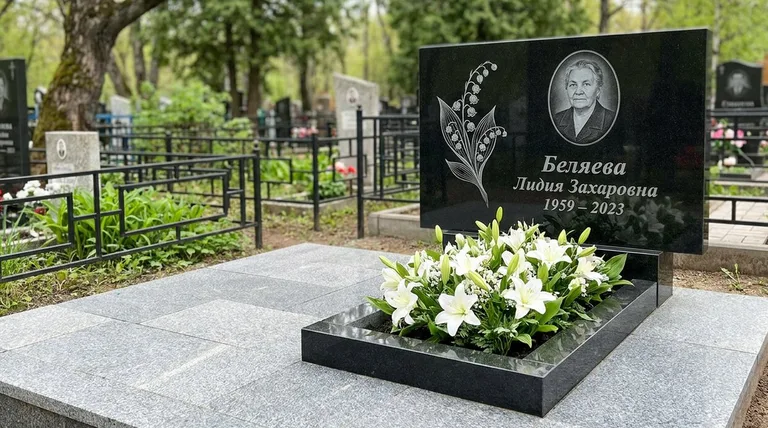 Памятник с гравировкой ландышей — выполненная работа «Беляева» в Тольятти