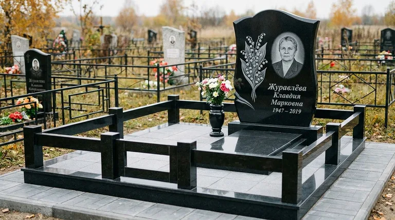 Памятник с гравировкой ландышей — выполненная работа «Журавлёва» в Тольятти