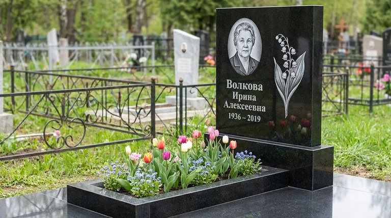 Памятник с гравировкой ландышей — выполненная работа «Волкова» в Тольятти