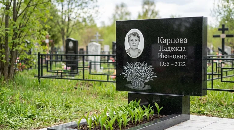 Памятник с гравировкой ландышей — выполненная работа «Карпова» в Тольятти