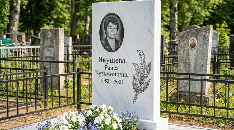 Памятник с гравировкой ландышей — выполненная работа «Якушева» в Тольятти