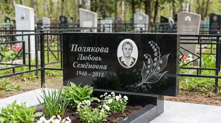 Памятник с гравировкой ландышей — выполненная работа «Полякова» в Тольятти