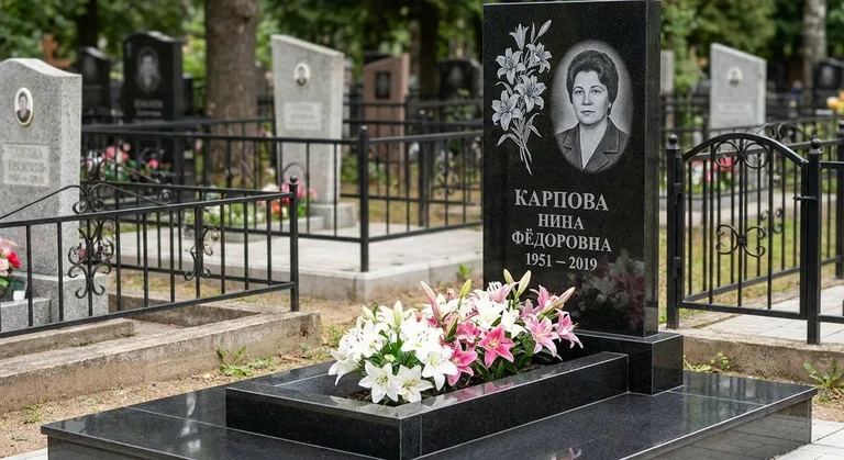 Памятник с гравировкой лилий — выполненная работа «Карпова» в Тольятти