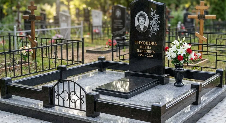 Памятник с гравировкой лилий — выполненная работа «Тихонова» в Тольятти