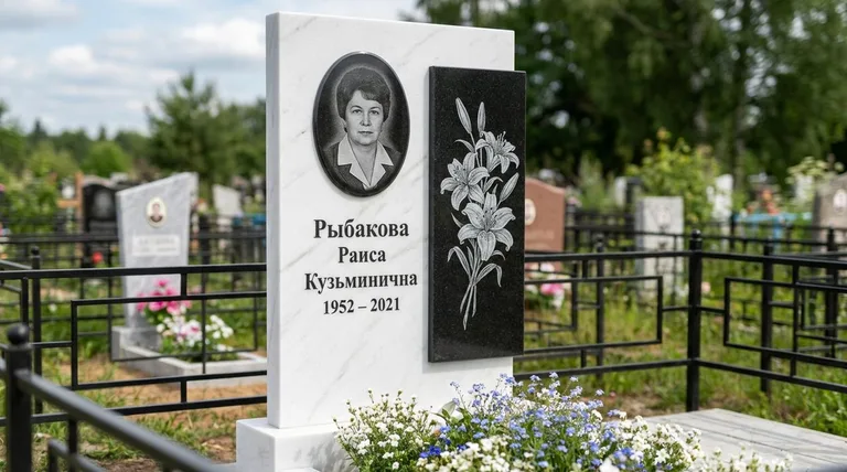 Памятник с гравировкой лилий — выполненная работа «Рыбакова» в Тольятти
