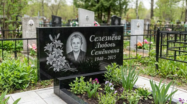 Памятник с гравировкой лилий — выполненная работа «Селезнёва» в Тольятти