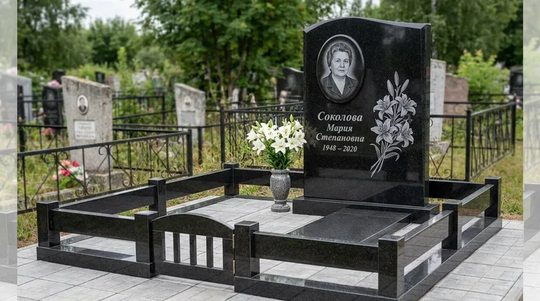 Памятник с гравировкой лилий — выполненная работа «Соколова» в Тольятти