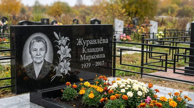 Памятник с гравировкой лилий — выполненная работа «Журавлёва» в Тольятти