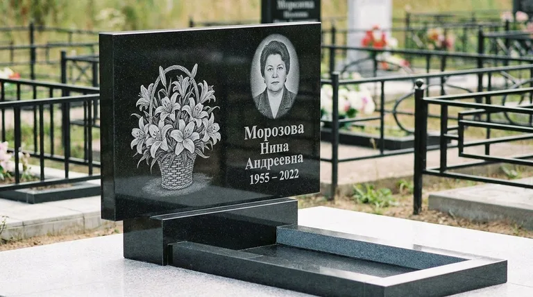 Памятник с гравировкой лилий — выполненная работа «Морозова» в Тольятти