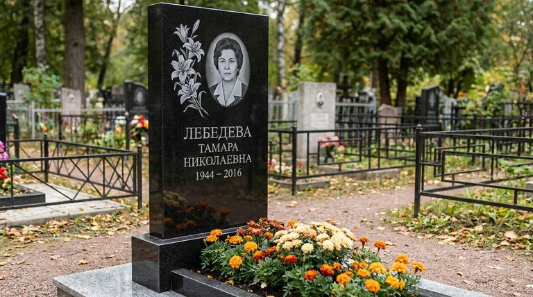 Памятник с гравировкой лилий — выполненная работа «Лебедева» в Тольятти