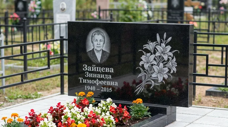 Памятник с гравировкой лилий — выполненная работа «Зайцева» в Тольятти