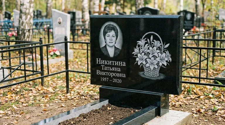 Памятник с гравировкой лилий — выполненная работа «Никитина» в Тольятти