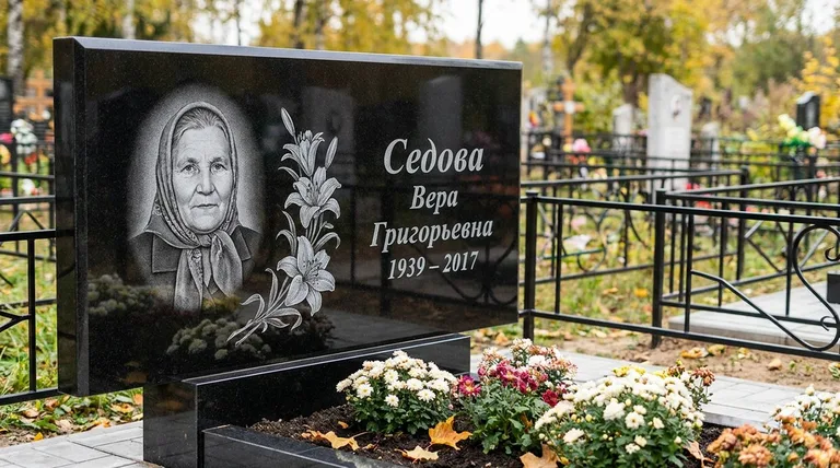 Памятник с гравировкой лилий — выполненная работа «Седова» в Тольятти