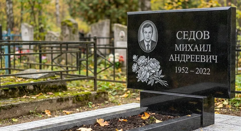 Памятник с гравировкой пионов — выполненная работа «Седов» в Тольятти