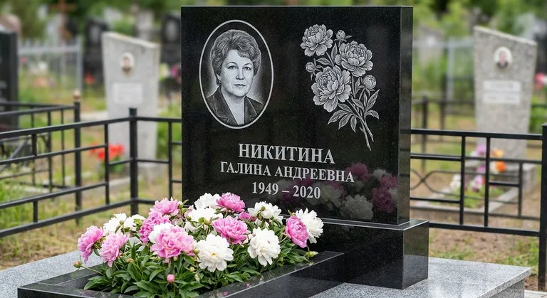 Памятник с гравировкой пионов — выполненная работа «Никитина» в Тольятти