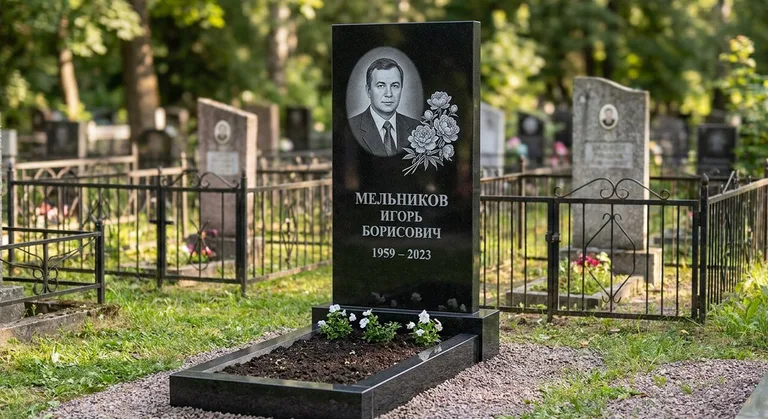Памятник с гравировкой пионов — выполненная работа «Мельников» в Тольятти