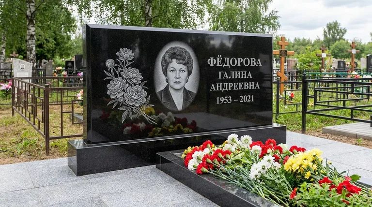 Памятник с гравировкой пионов — выполненная работа «Фёдорова» в Тольятти