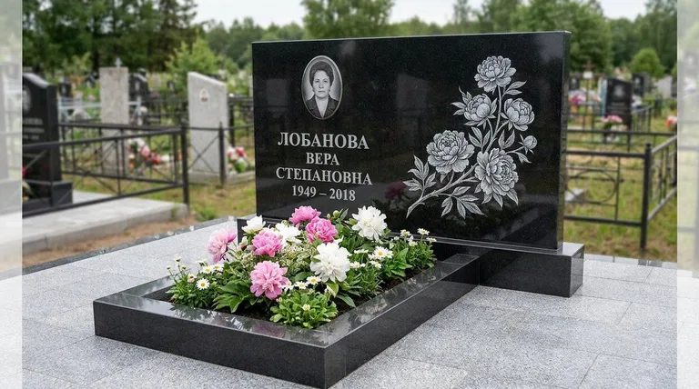 Памятник с гравировкой пионов — выполненная работа «Лобанова» в Тольятти