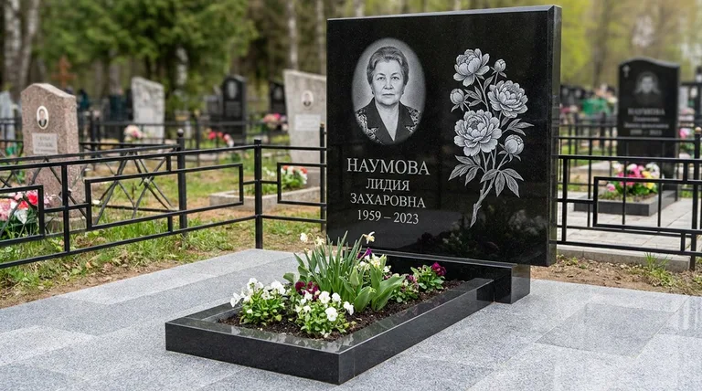 Памятник с гравировкой пионов — выполненная работа «Наумова» в Тольятти