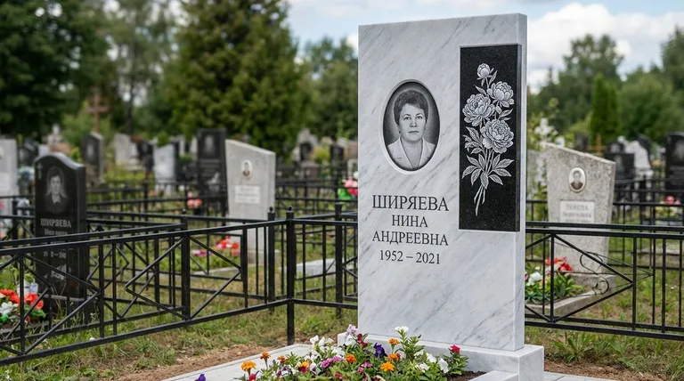 Памятник с гравировкой пионов — выполненная работа «Ширяева» в Тольятти