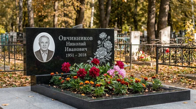 Памятник с гравировкой пионов — выполненная работа «Овчинников» в Тольятти