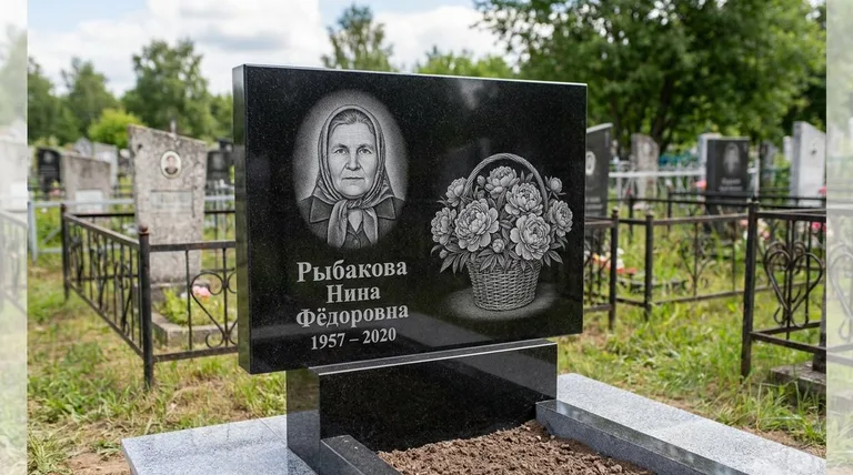 Памятник с гравировкой пионов — выполненная работа «Рыбакова» в Тольятти