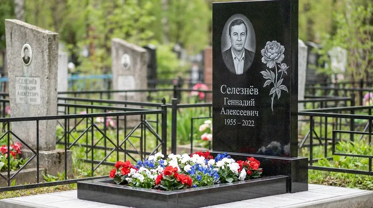 Памятник с гравировкой пионов — выполненная работа «Селезнёв» в Тольятти