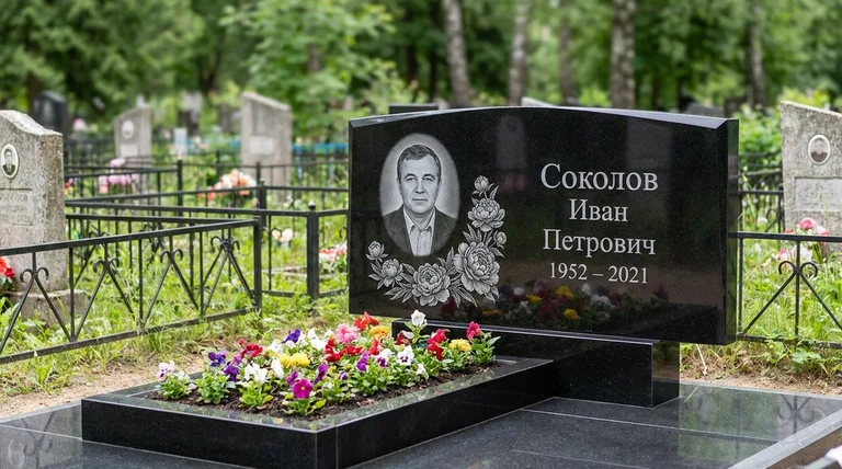 Памятник с гравировкой пионов — выполненная работа «Соколов» в Тольятти
