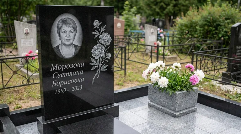 Памятник с гравировкой пионов — выполненная работа «Морозова» в Тольятти