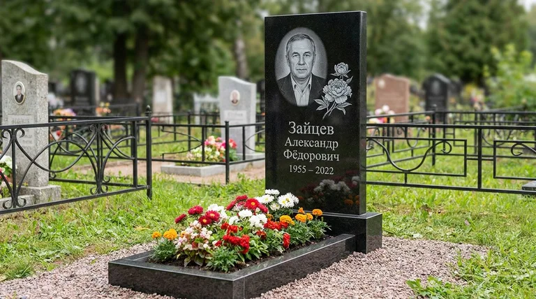 Памятник с гравировкой пионов — выполненная работа «Зайцев» в Тольятти