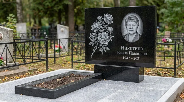 Памятник с гравировкой пионов — выполненная работа «Никитина» в Тольятти