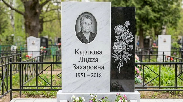 Памятник с гравировкой пионов — выполненная работа «Карпова» в Тольятти