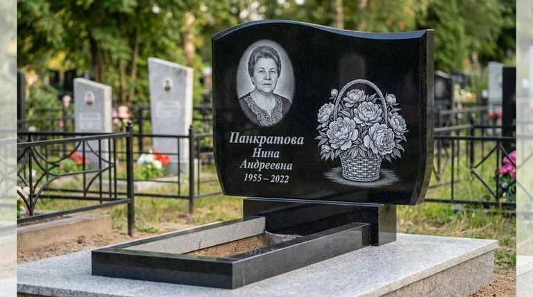 Памятник с гравировкой пионов — выполненная работа «Панкратова» в Тольятти