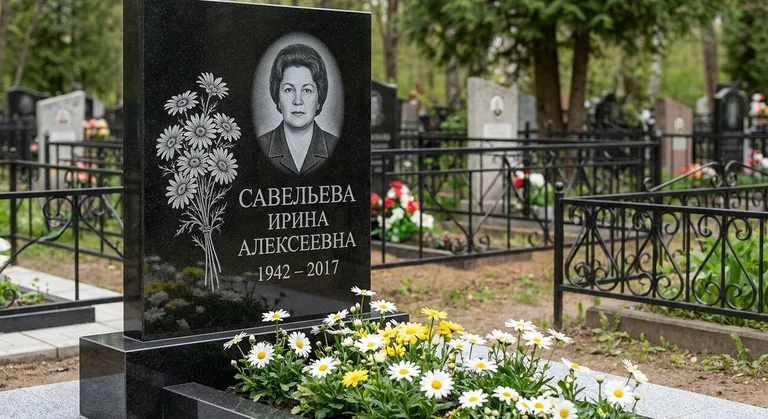 Памятник с гравировкой ромашек — выполненная работа «Савельева» в Тольятти