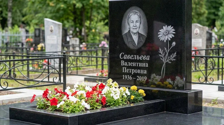 Памятник с гравировкой ромашек — выполненная работа «Савельева» в Тольятти